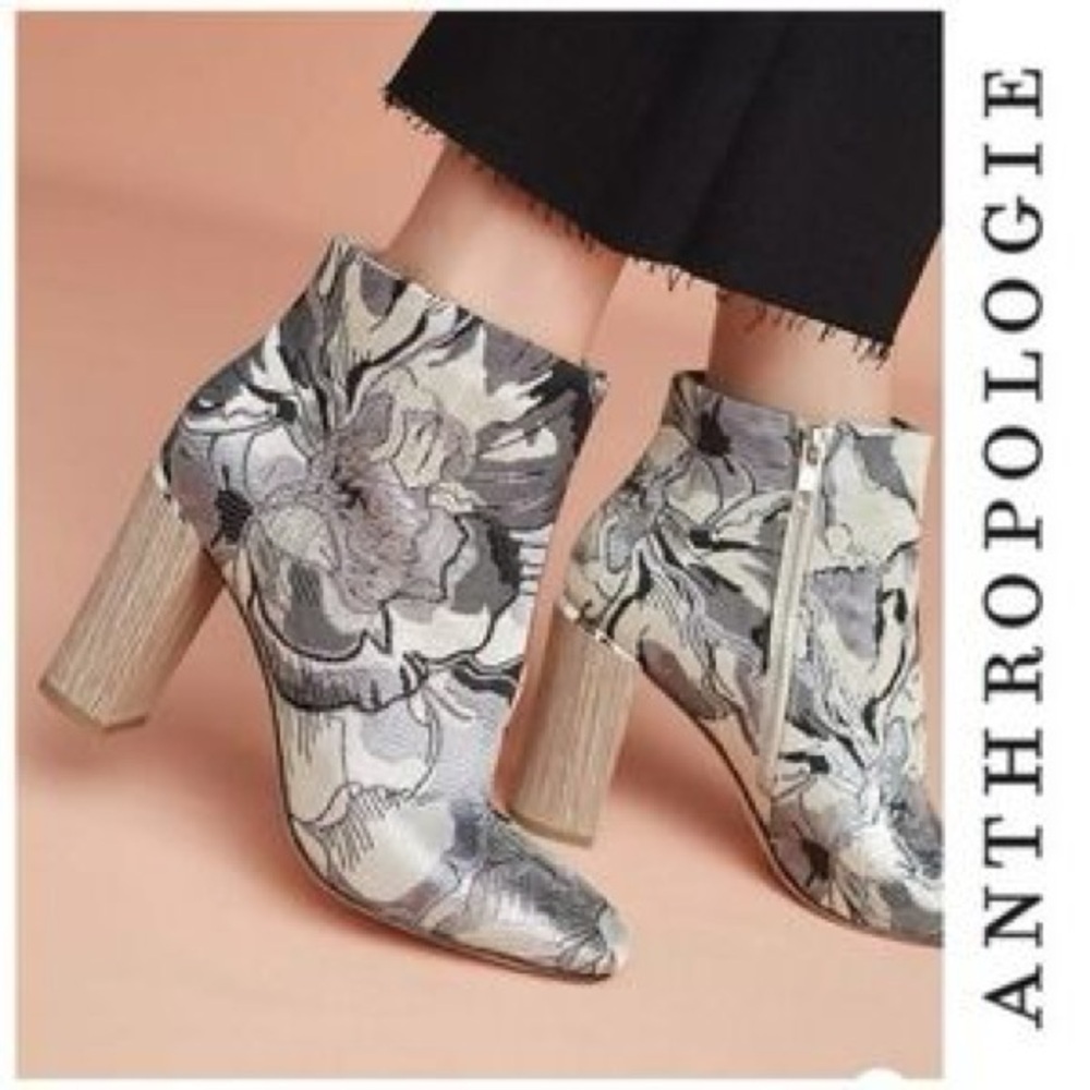 Anthropologie POUR la VICTOIRE Floral Ankle Boots - Black, Silver and Cream